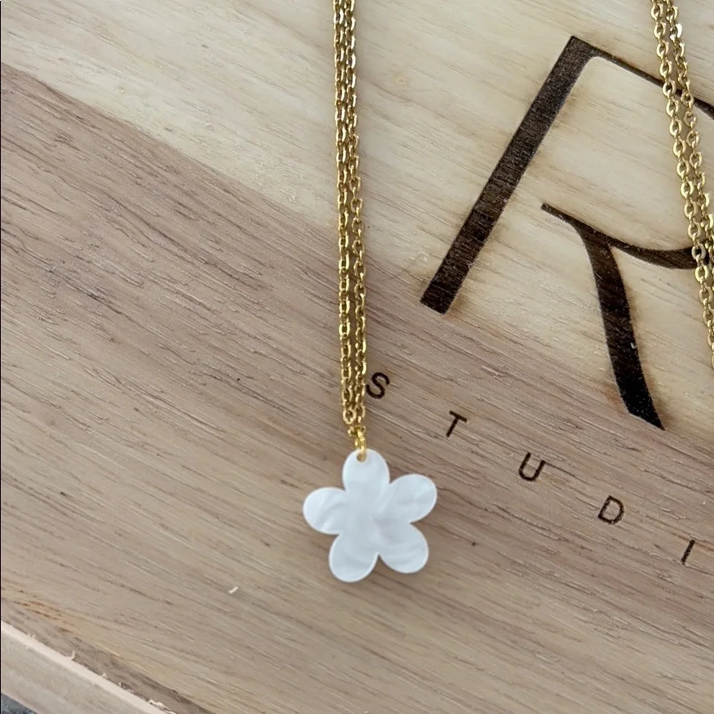 Gold Necklace with White Crescent Pendant